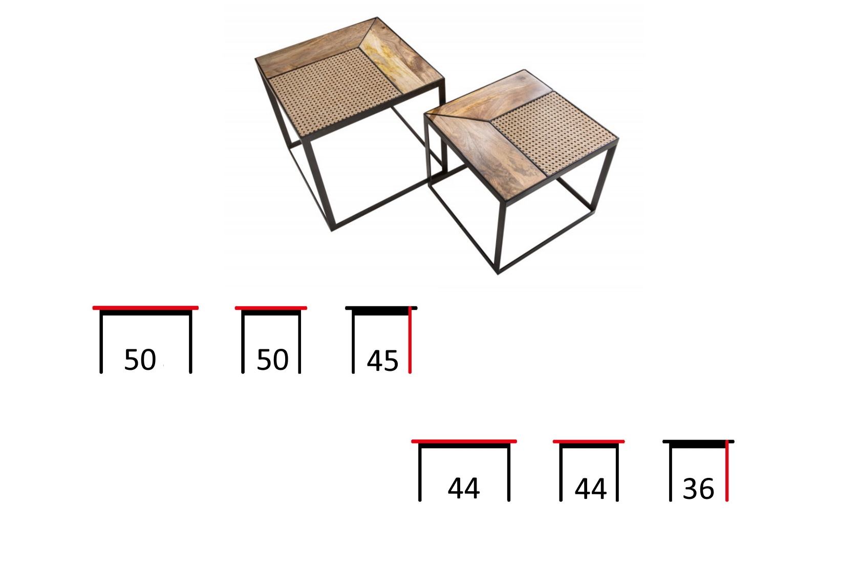 zestaw dwóch stolików z drewna i rattanu vienna, wymiary stolików